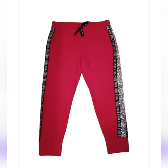 PINK VS Sequin Bling Skinny Joggers Red, Blk & Silver htf 😍🔥💎 - Picture 2 of 7